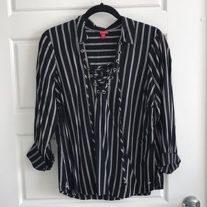 Black and White Striped Lace-up Top